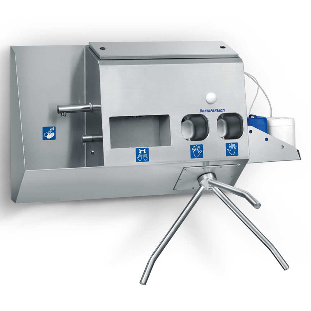 Entrance control with hand wash basin, hand dryers, and hand sanitizer
