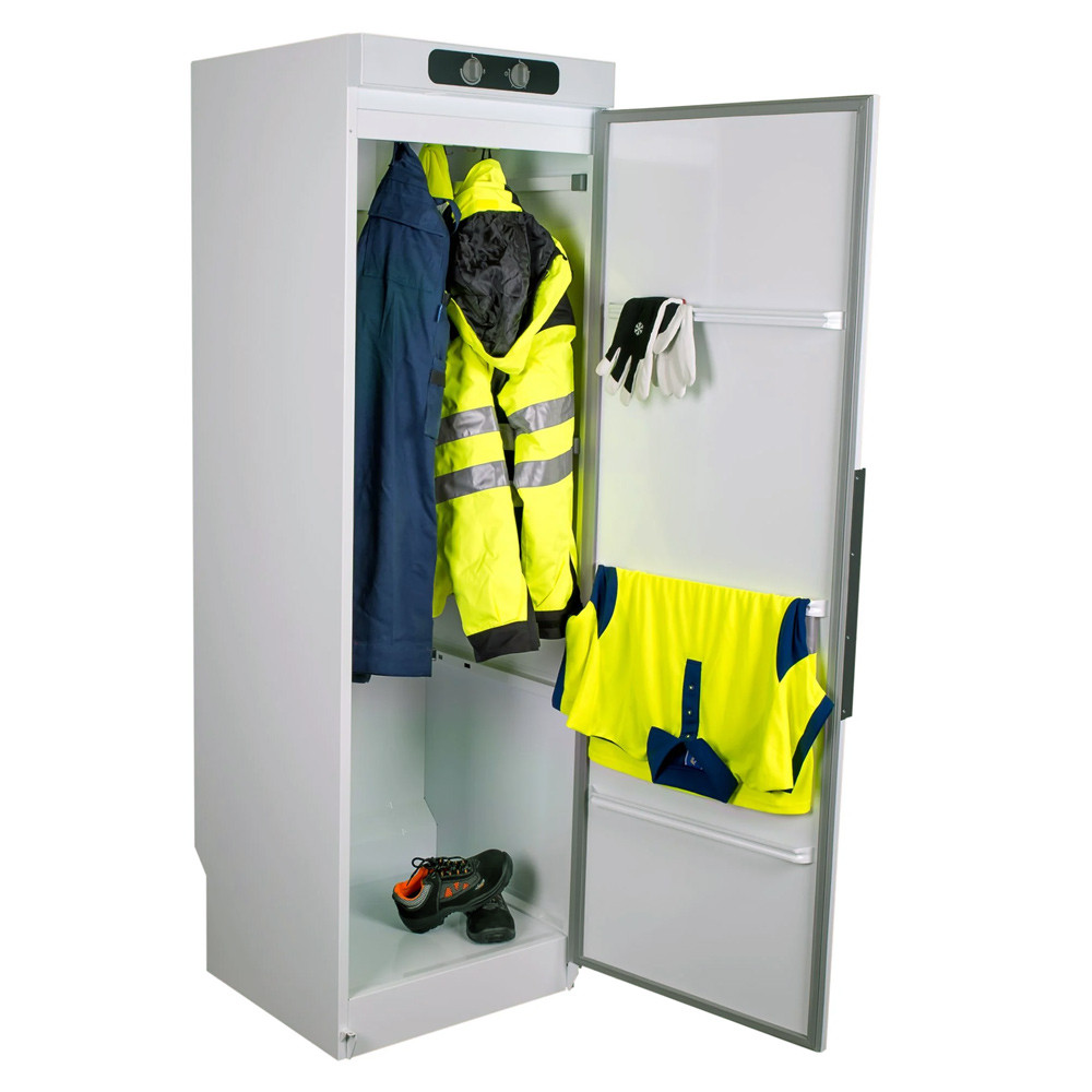 Workwear drying cabinet with hot air and timer